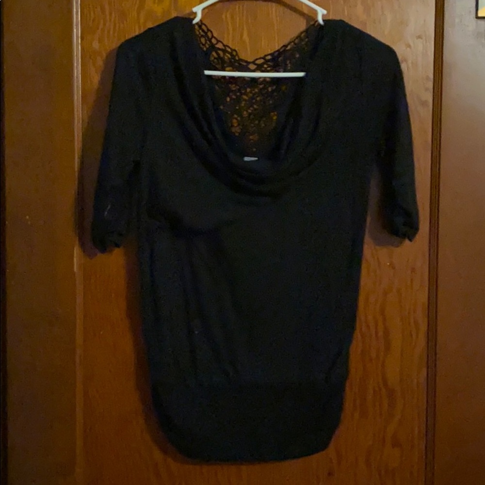 3/4 sleeve black blouse, lace back.